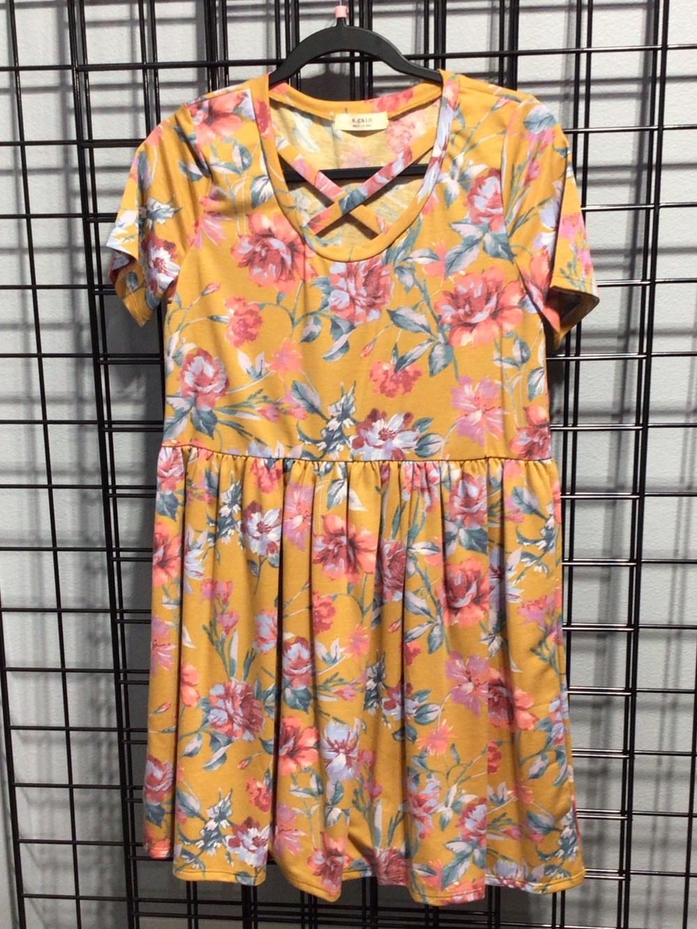a.gain Mustard Floral Crisscross Neck Dress NWOT